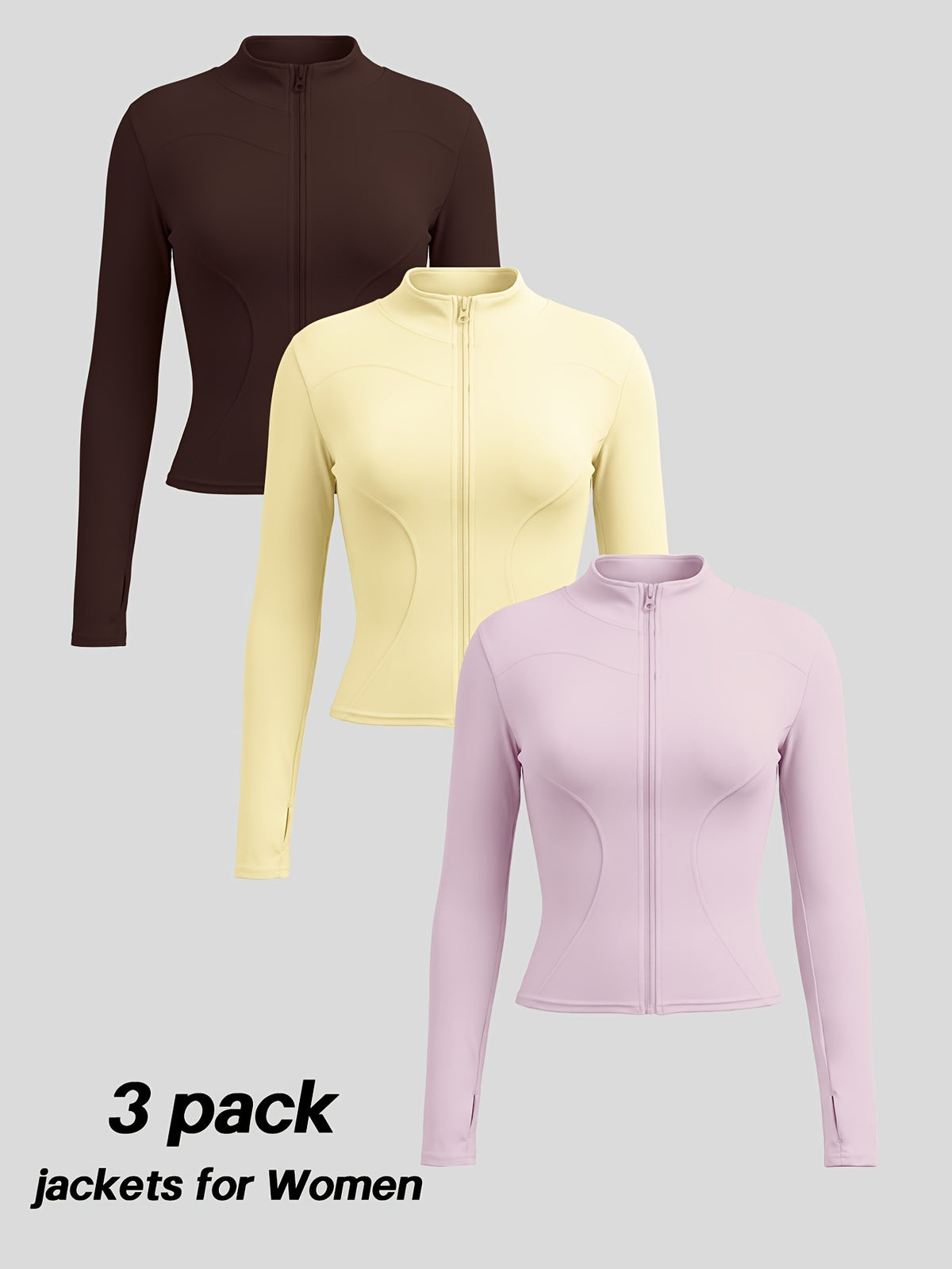 3 Pack Stand Collar Zip Jackets - Coffee, Yellow & Pink