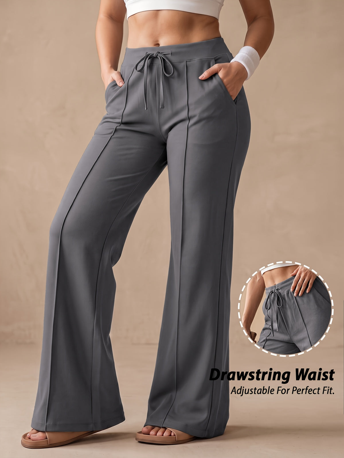 Drawstring Wide Leg Pocket Yoga Pants - Grey