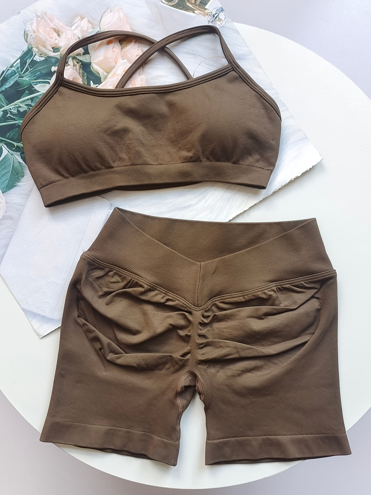 Cross Back Seamless Bra & Shorts Set - Coffee