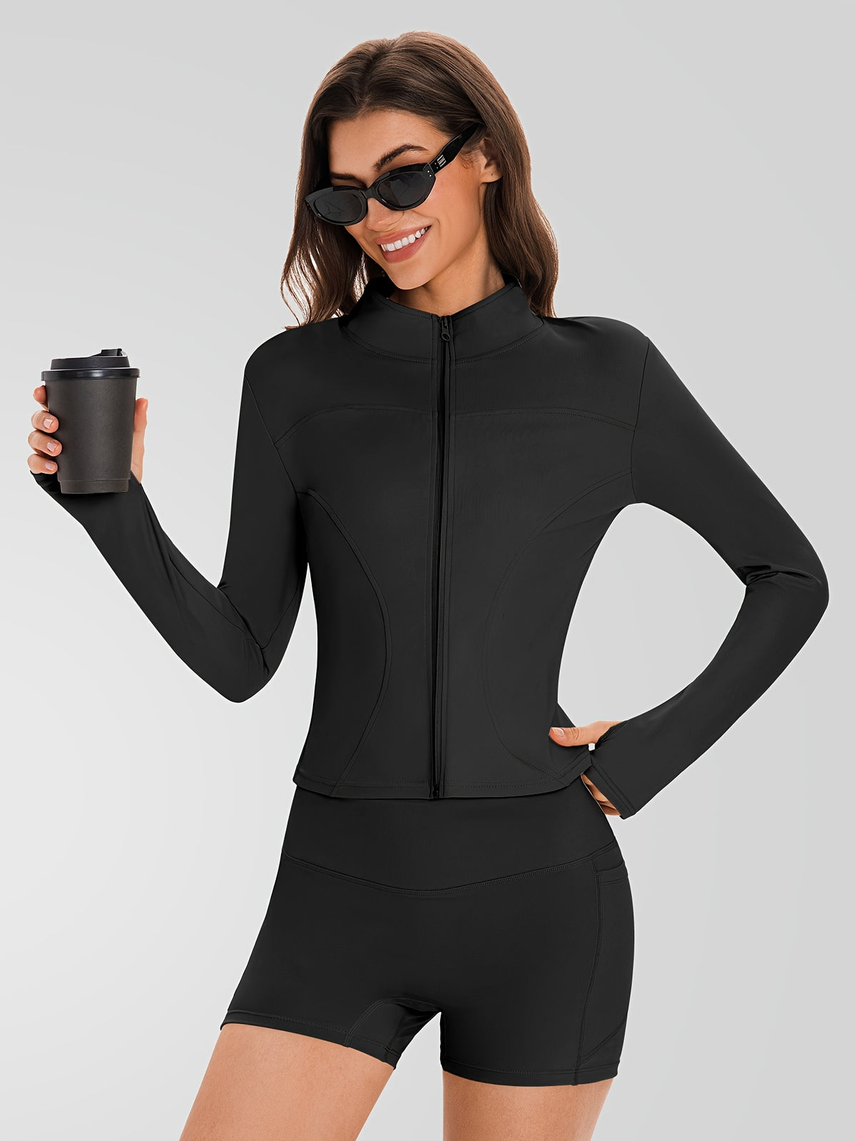 Zip Jacket & Pocket Shorts Set - Black