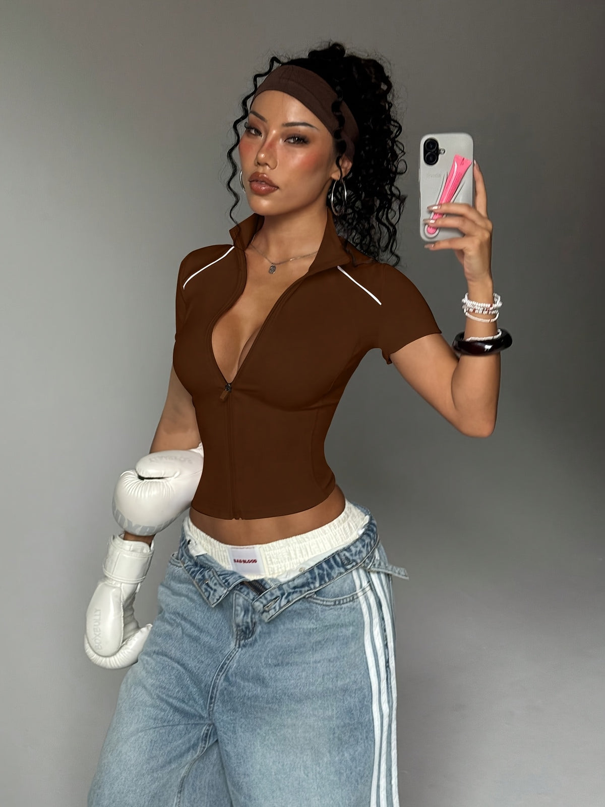 Half Zip Short Sleeve Top - Brown