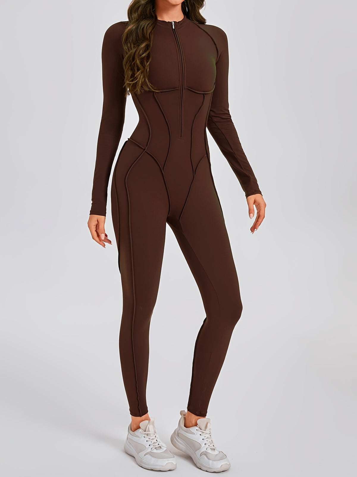 Half Zip Long Sleeve Jumpsuit - Coffee