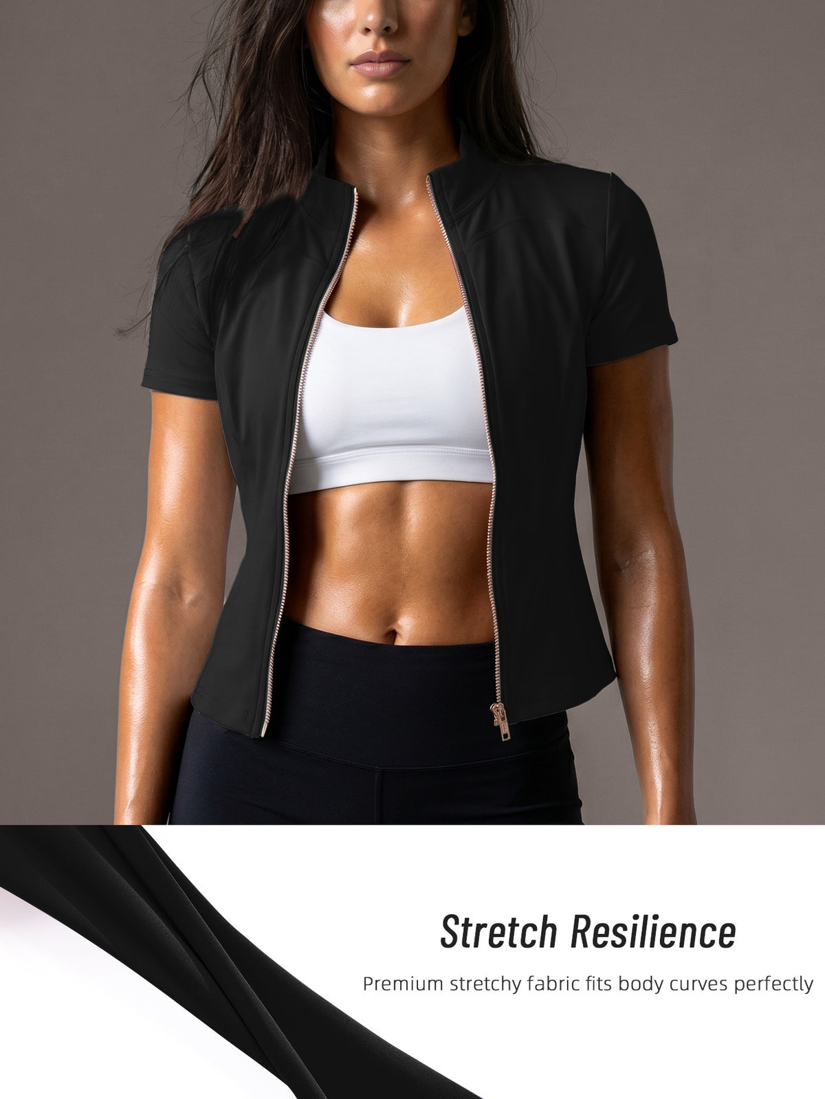 Short Sleeve Stand Collar Zip Jacket - Black