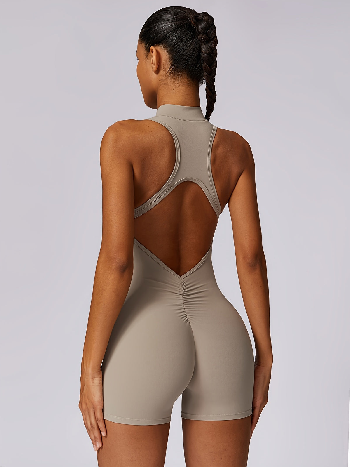 Zip Front Short Yoga Jumpsuit - Khaki