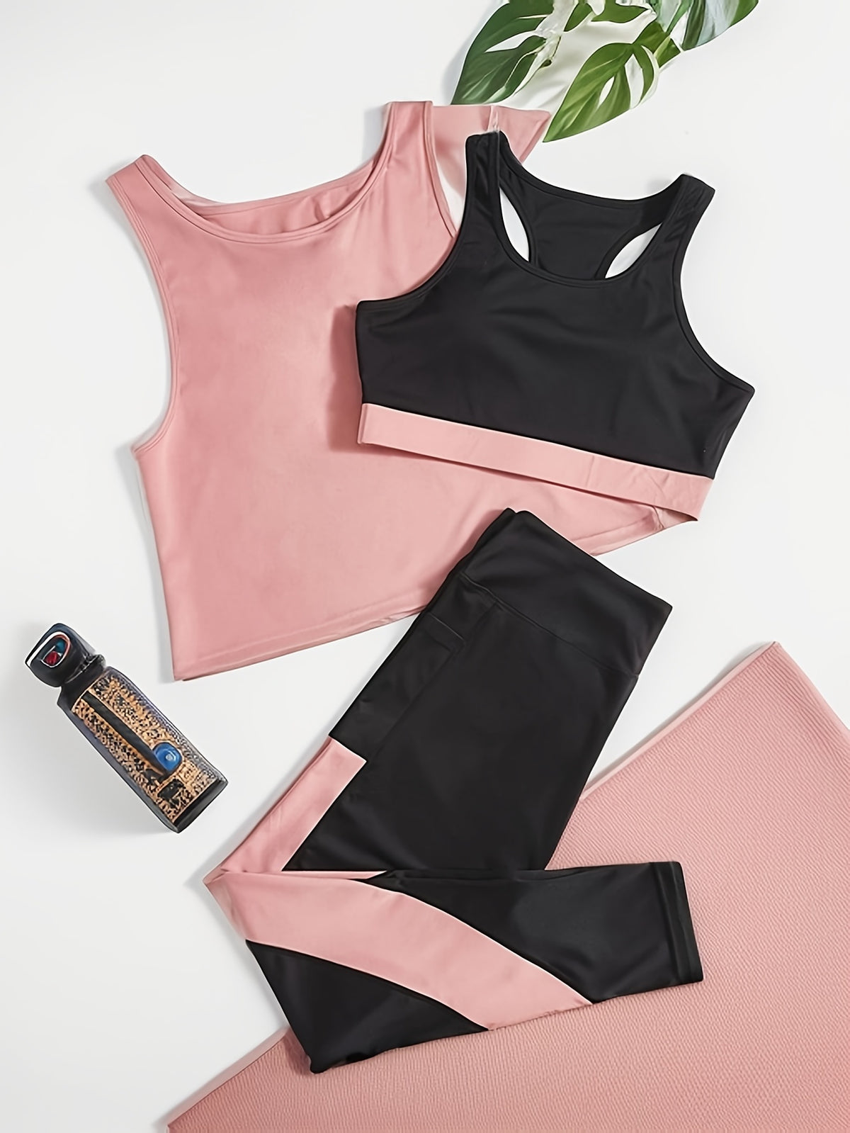3 Piece Bra, Tank & Pants Yoga Set - Peach