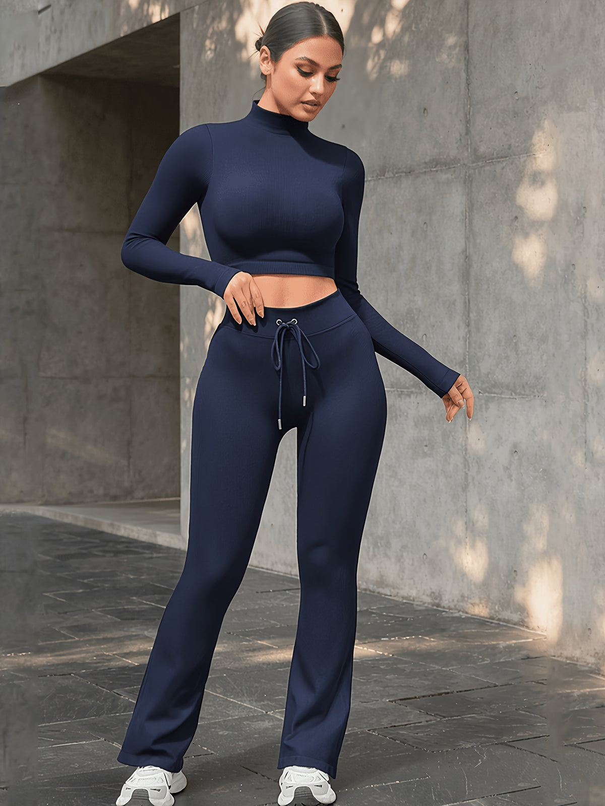 High Neck Crop Top & Drawstring Flare Set - Navy