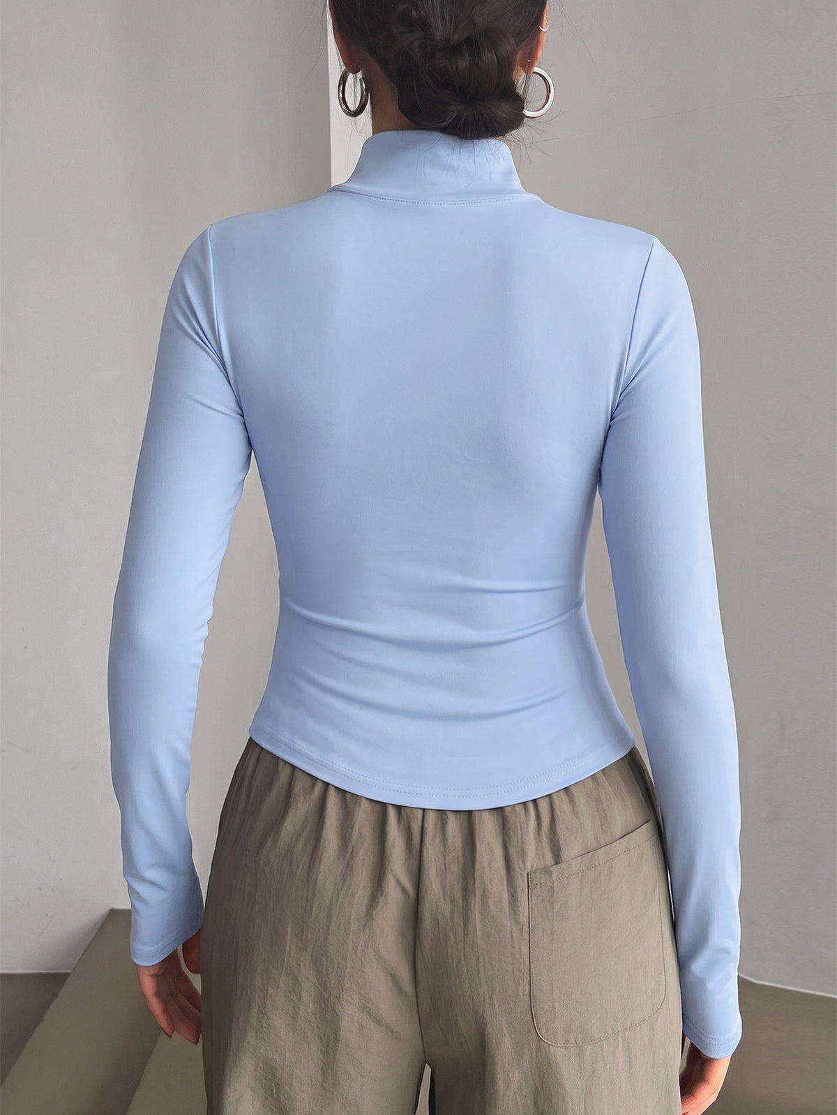 Half Zip Curved Hem Thumbhole Top - Light Blue