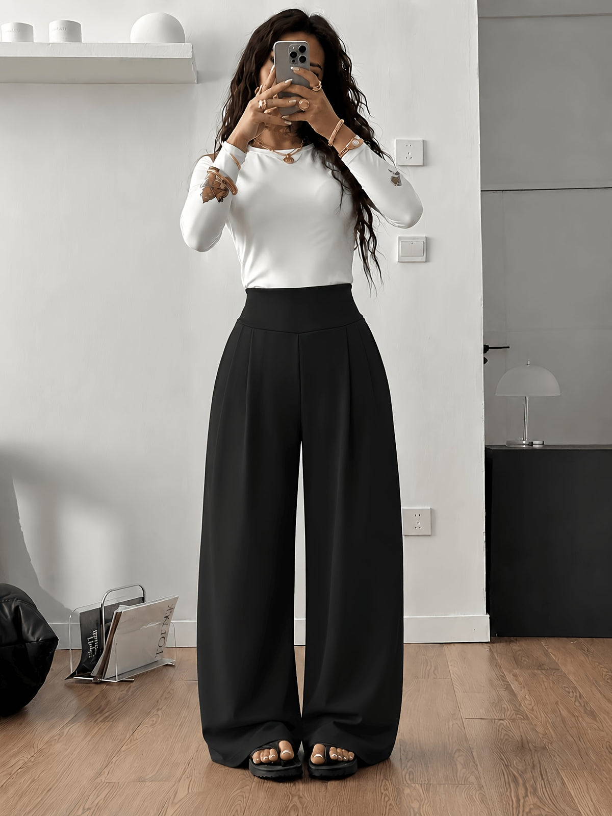 Front Pleated Wide Leg Palazzo Pants - Black