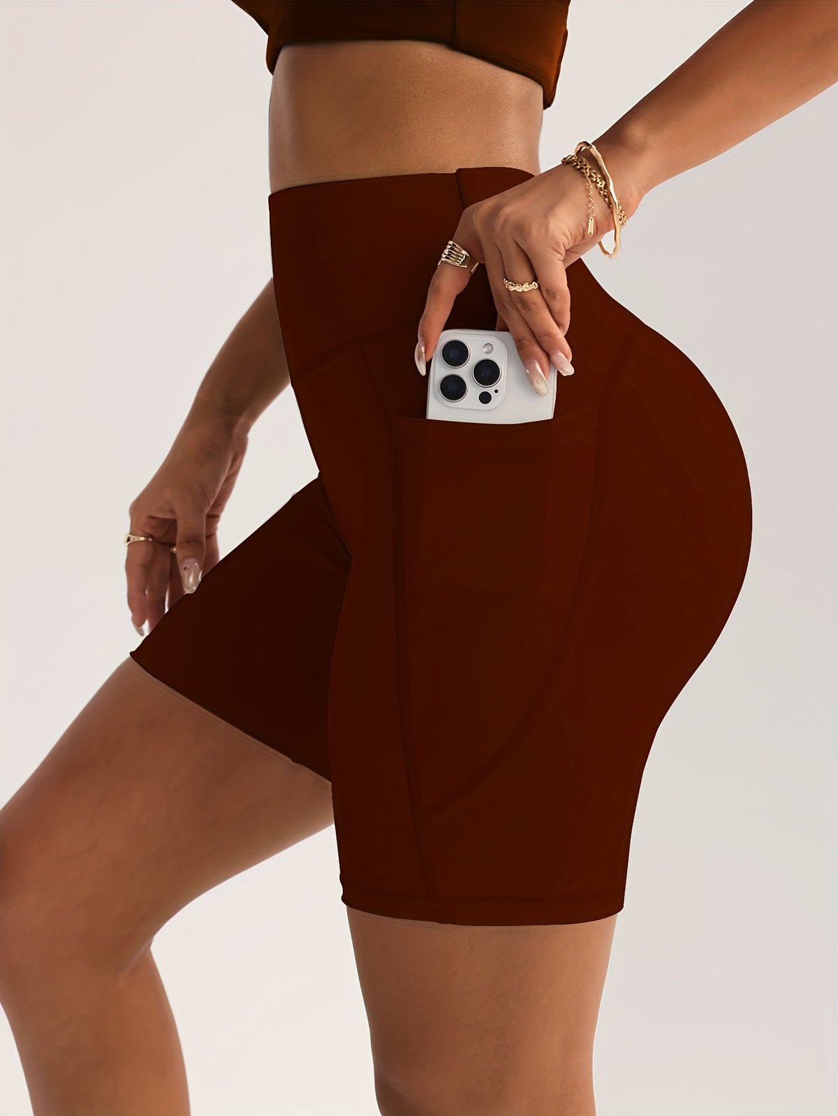 High Waist Pocket Biker Shorts - Coffee