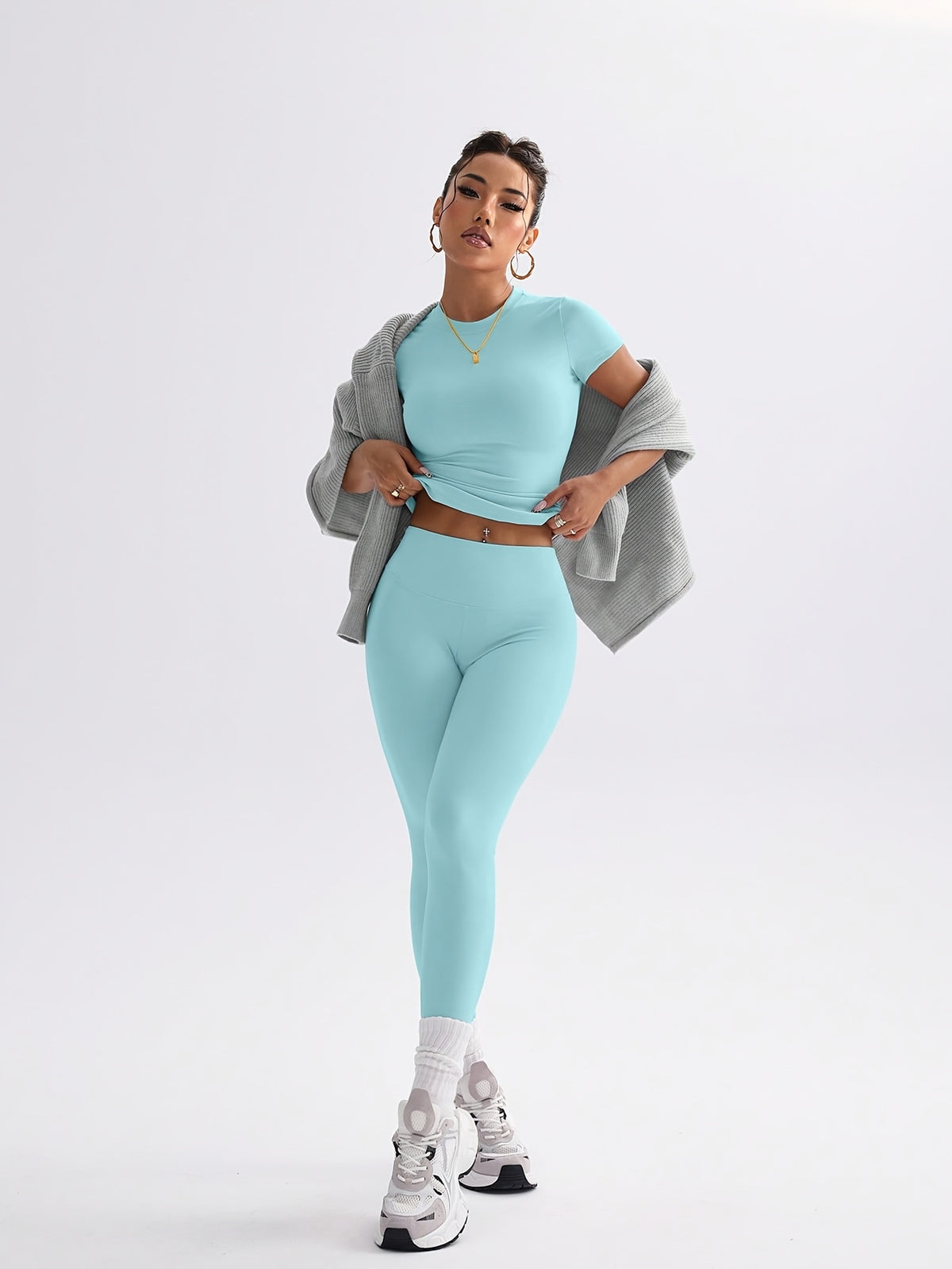 Cropped Tee & Leggings Set - Sky Blue