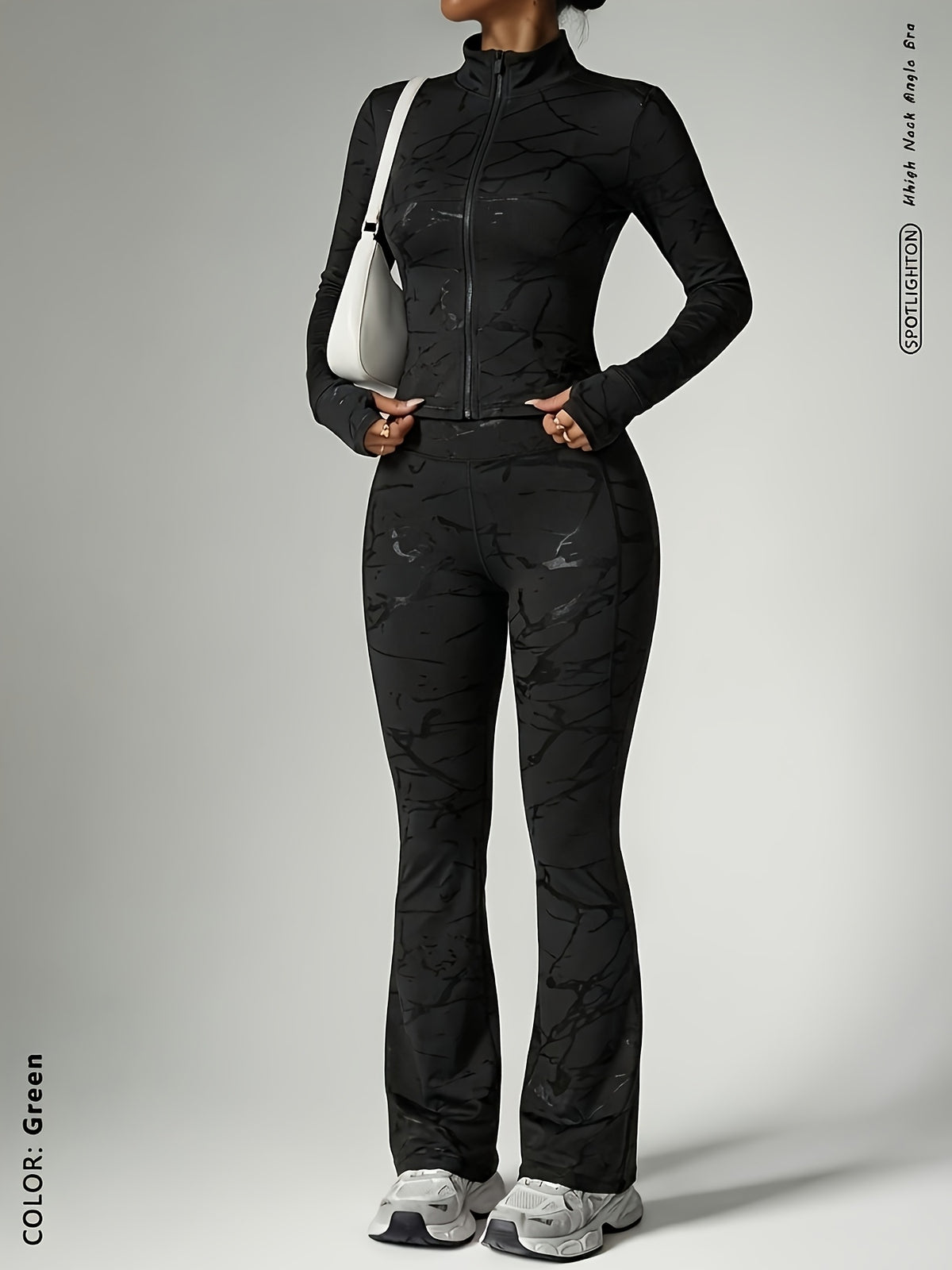 Metal Zip Stand Collar Jacket & Flare Set - Black