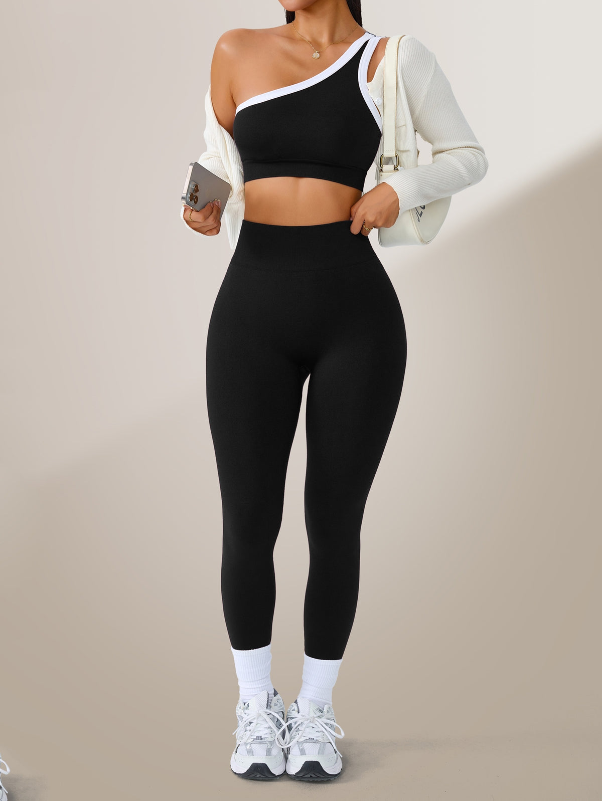 One Shoulder Bra & Leggings Set - Black