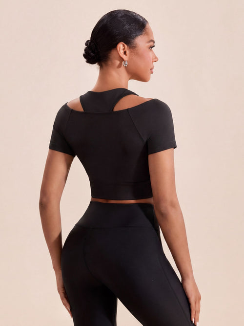 2 in 1 Halter Bra Off Shoulder Tee - Black