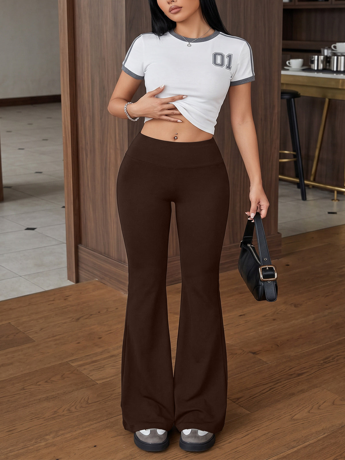 Slight Flare Tummy Control Yoga Pants - Coffee