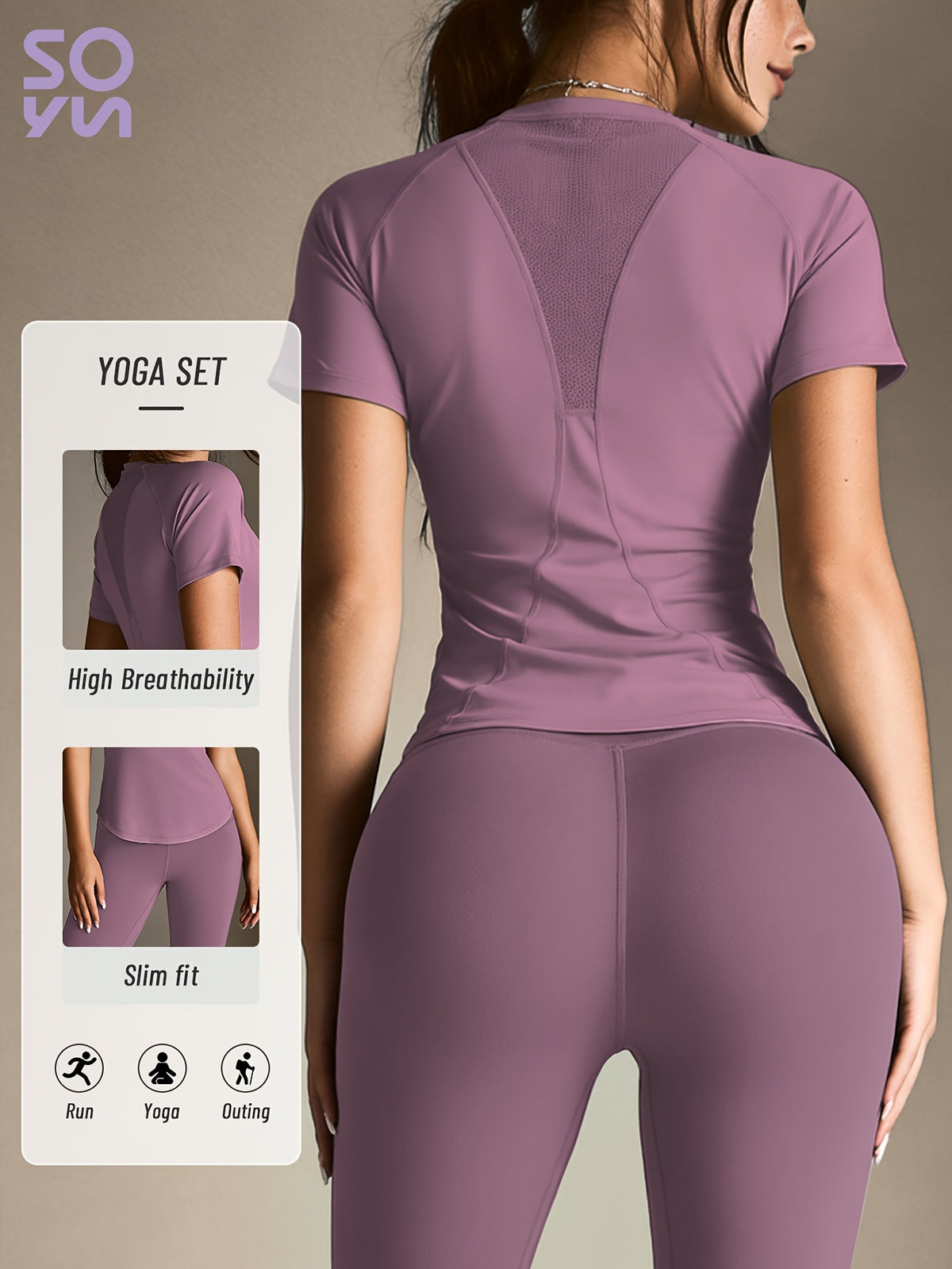 Mesh Cutout Tee & High Waist Leggings Set - Purple