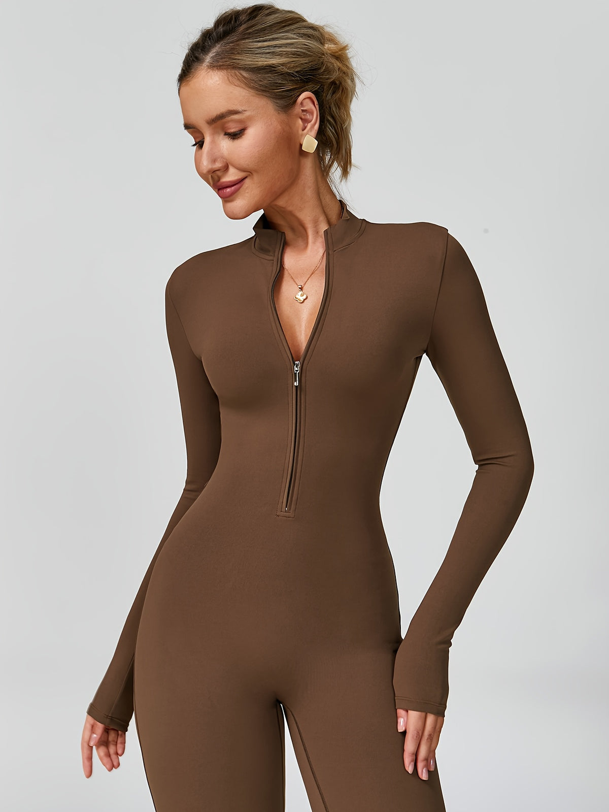 Long Sleeve Zip Flare Jumpsuit - Dark Brown