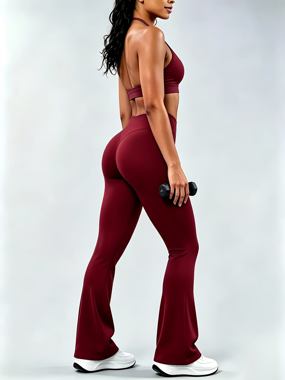 Seamless Halter Bra & Flare Pants Set - Burgundy