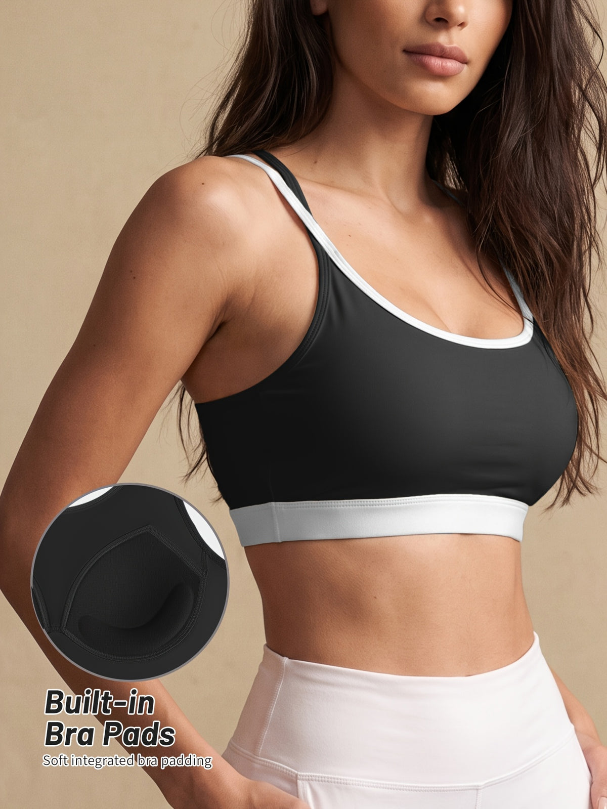 Color Block Cross Back Padded Tank - Black