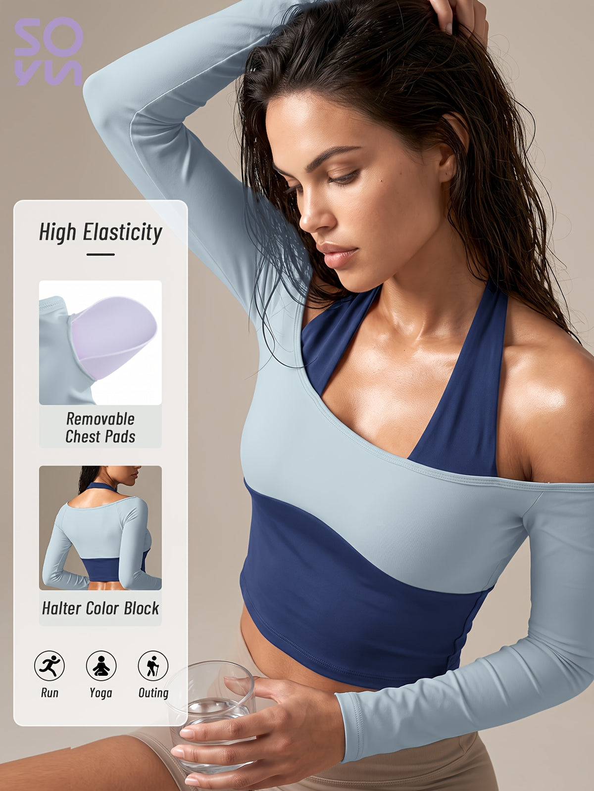 Faux Two-Piece Halter Color Block Top - Blue