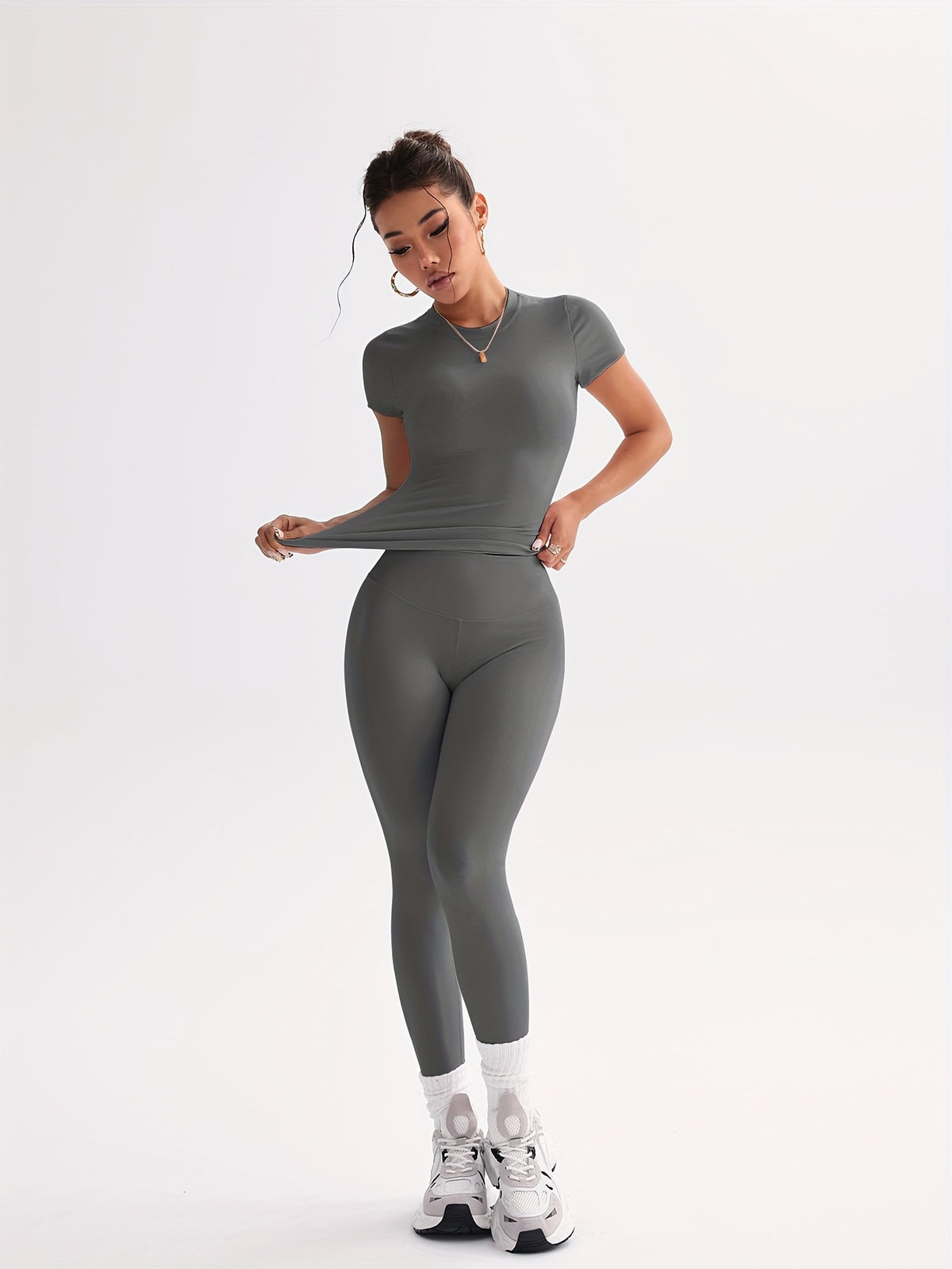 Cropped Tee & Leggings Set - Dark Grey