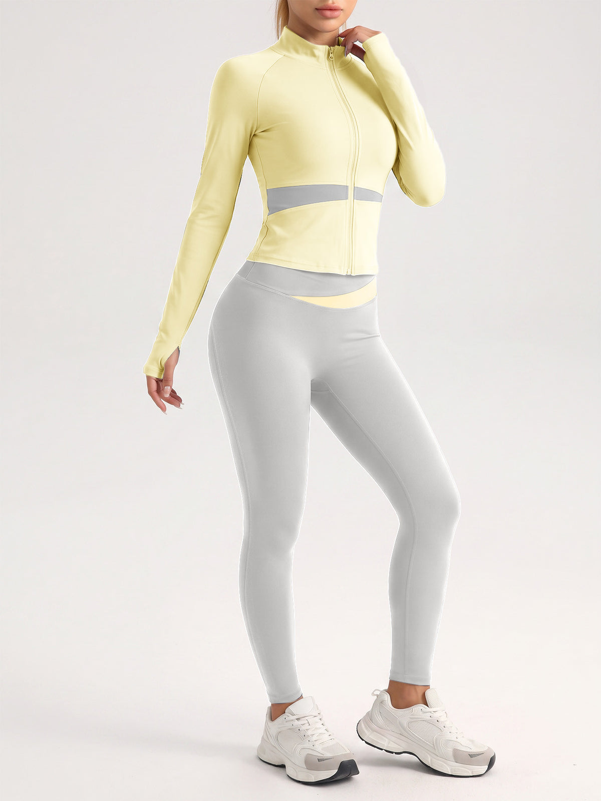 Contrast Zip Jacket & Lifting Leggings Set - Yellow & Light Grey