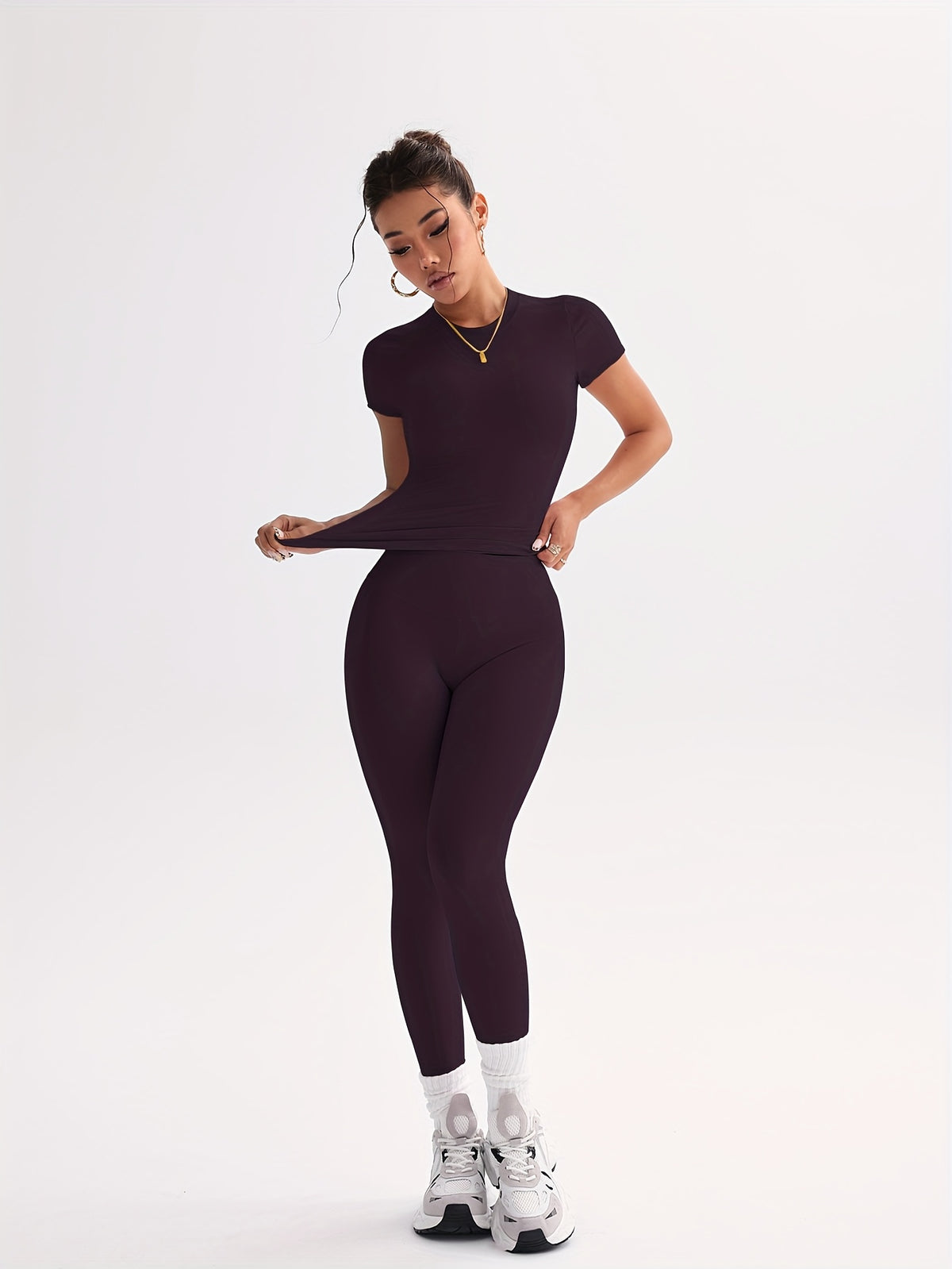 Cropped Tee & Leggings Set - Deep Purple