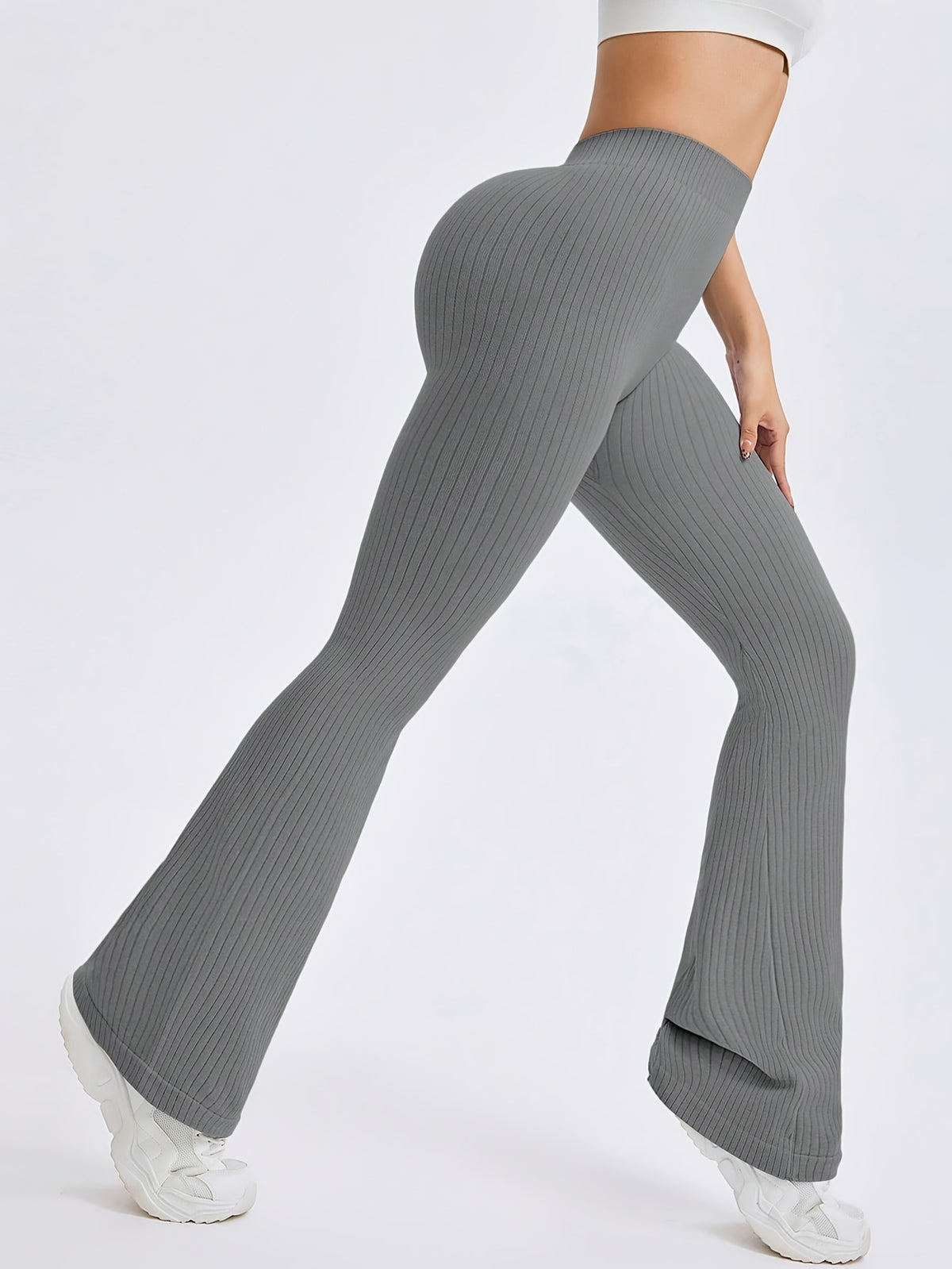 Ribbed V Waist Flare Leggings - Dark Grey