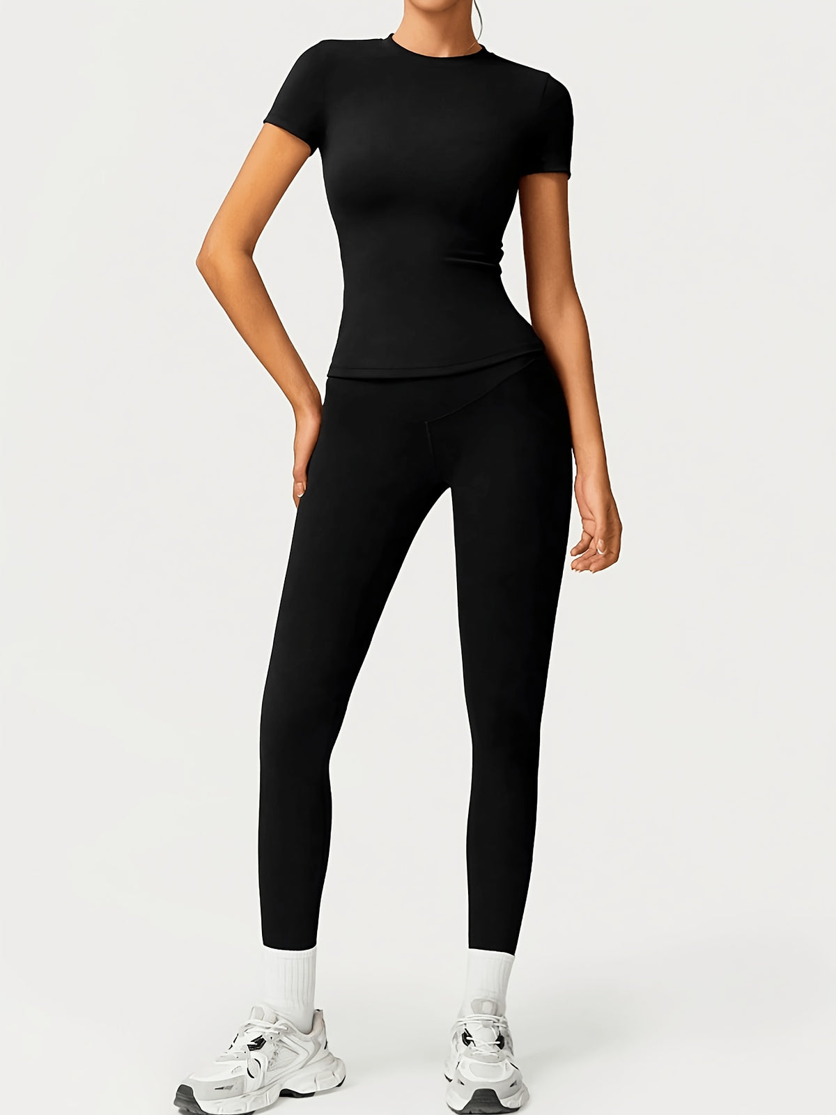 Slim Round Neck Top & Lifting Leggings Set - Black