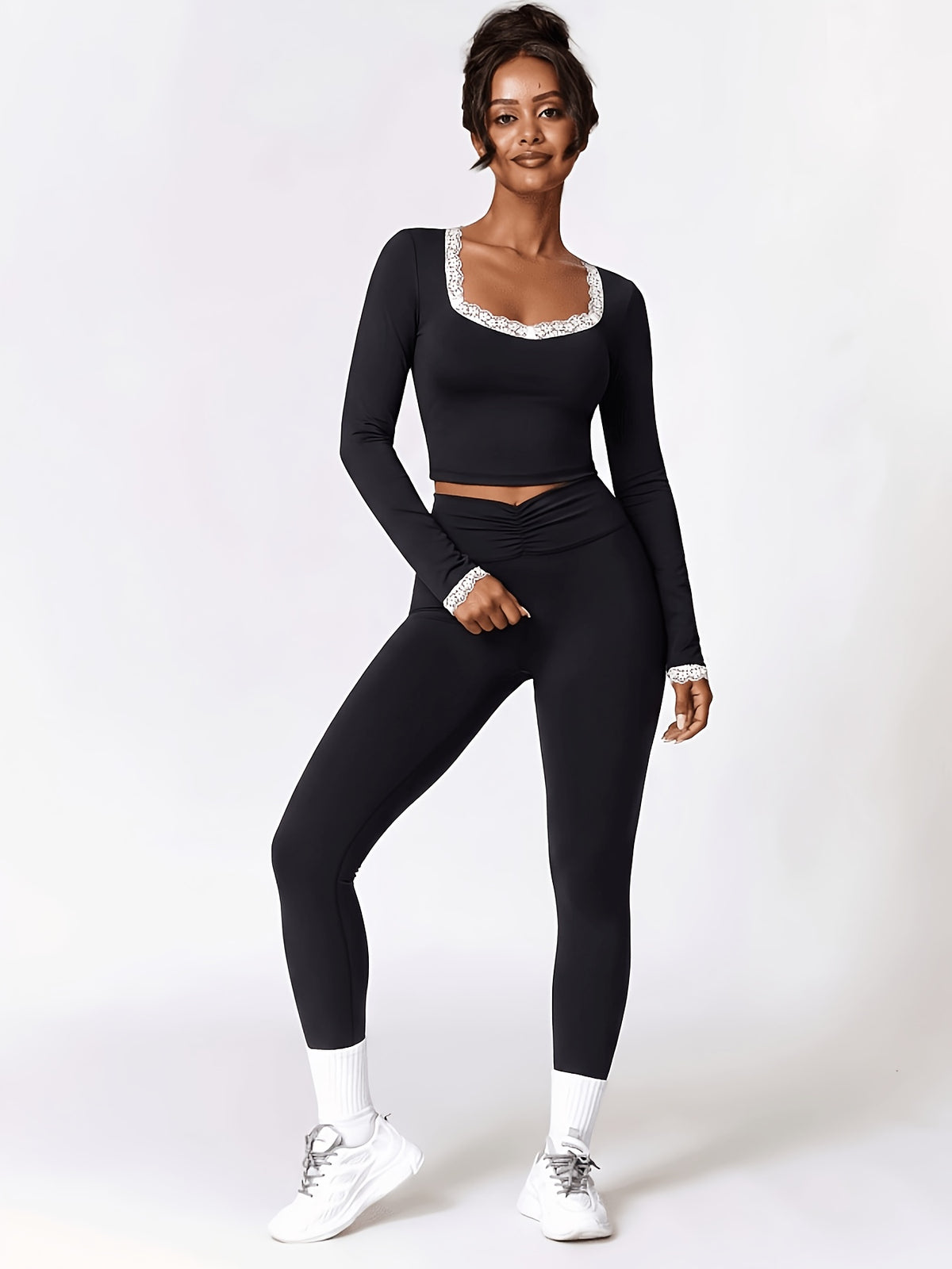 Contrast Trim Crop Top & Leggings Set - Black
