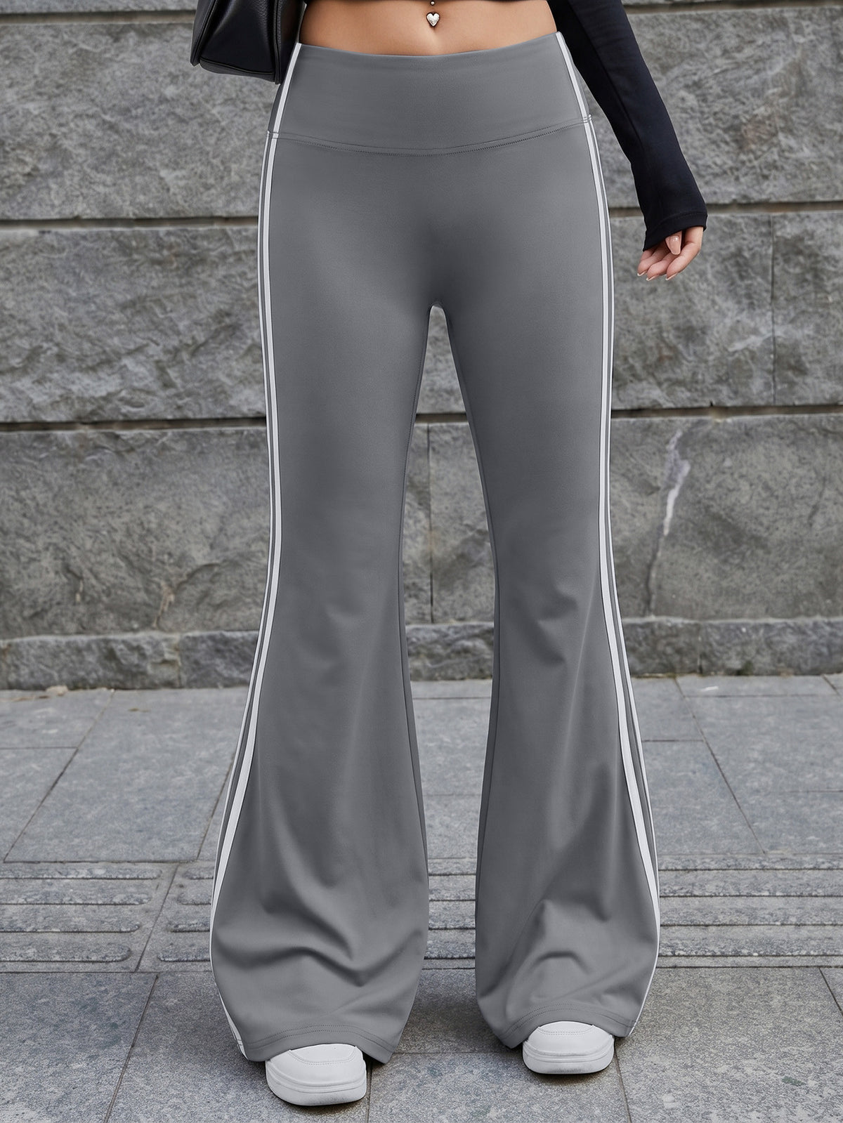 Vertical Stripe High Waist Flare Pants - Grey