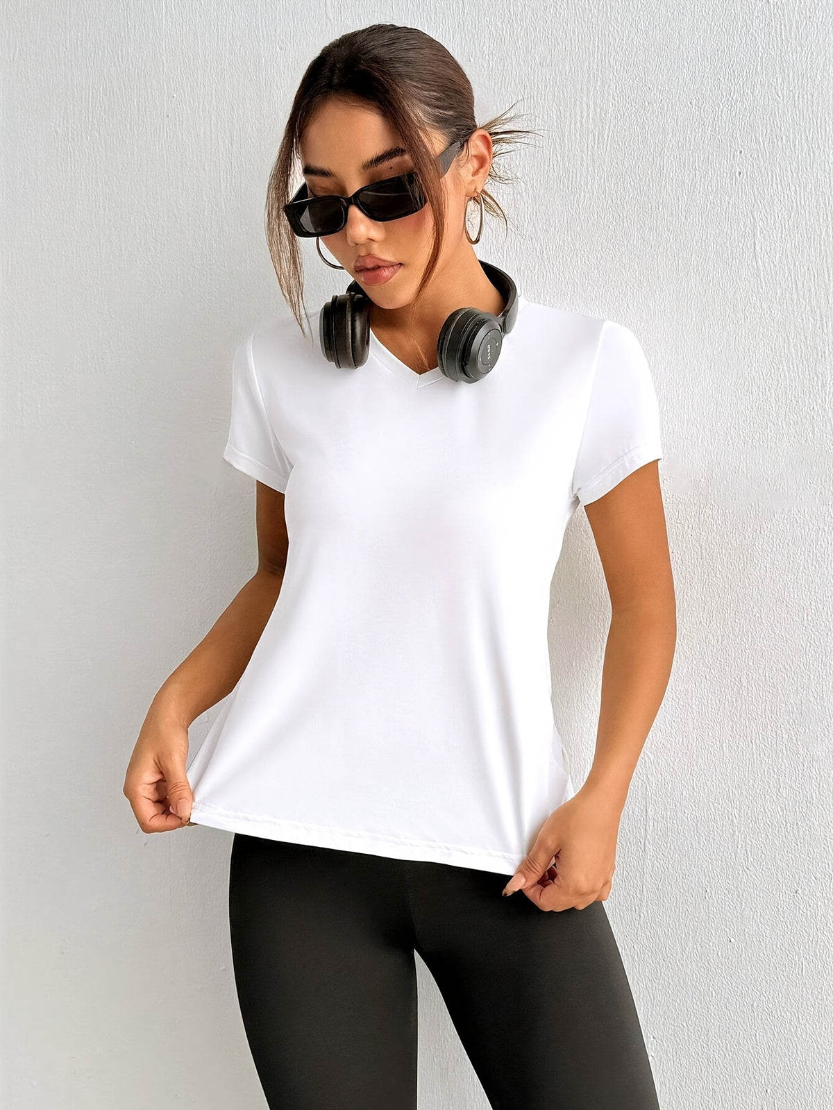 V Neck Knot Open Back Tee - White