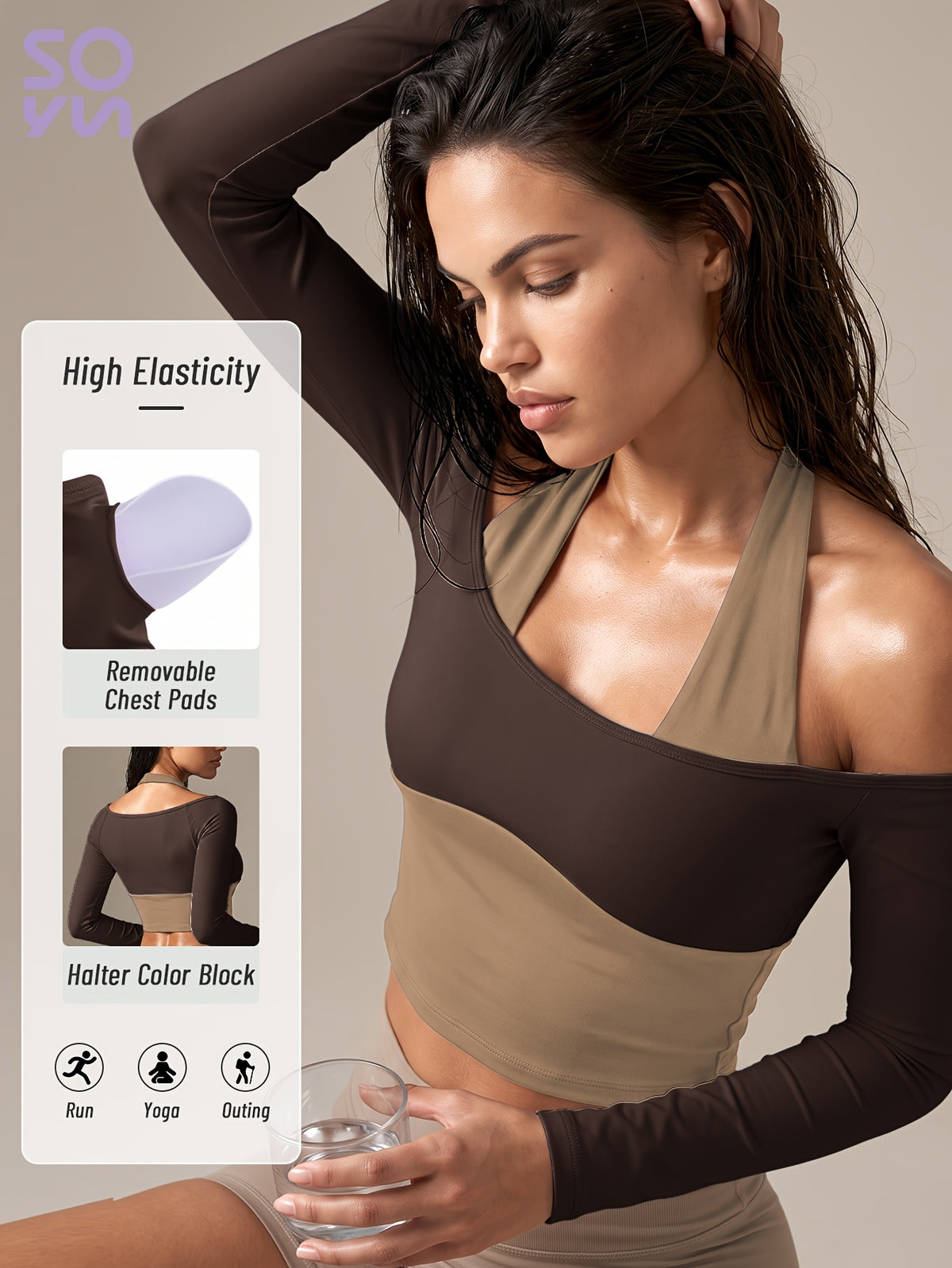Faux Two-Piece Halter Color Block Top - Coffee