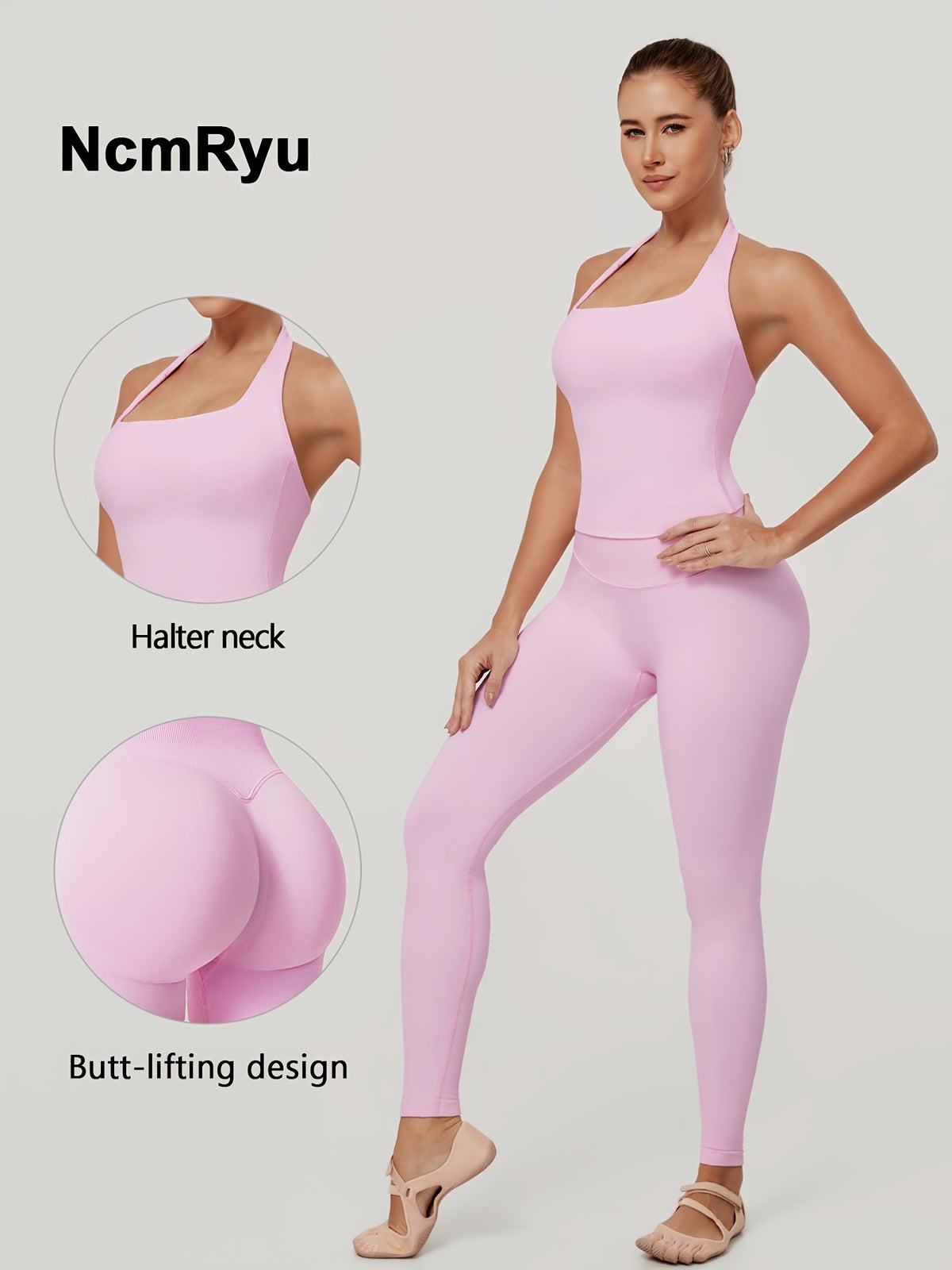 Square Neck Halter Tank & Leggings Set - Pink