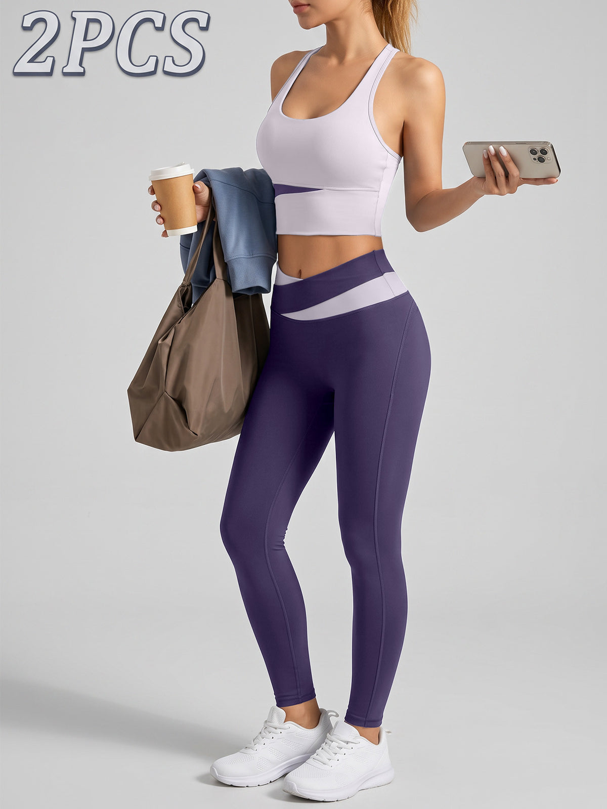 Letter Back Bra & Crossover Waist Leggings Set - Light Purple & Dark Purple