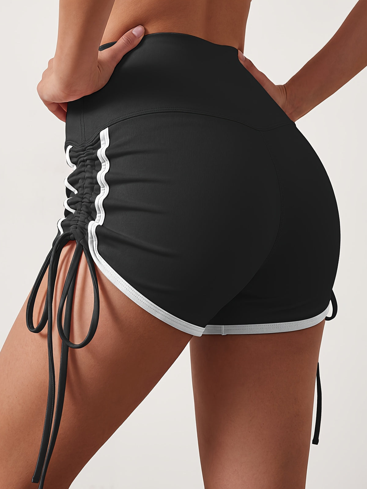 Contrast Tie Side High Waist Shorts - Black