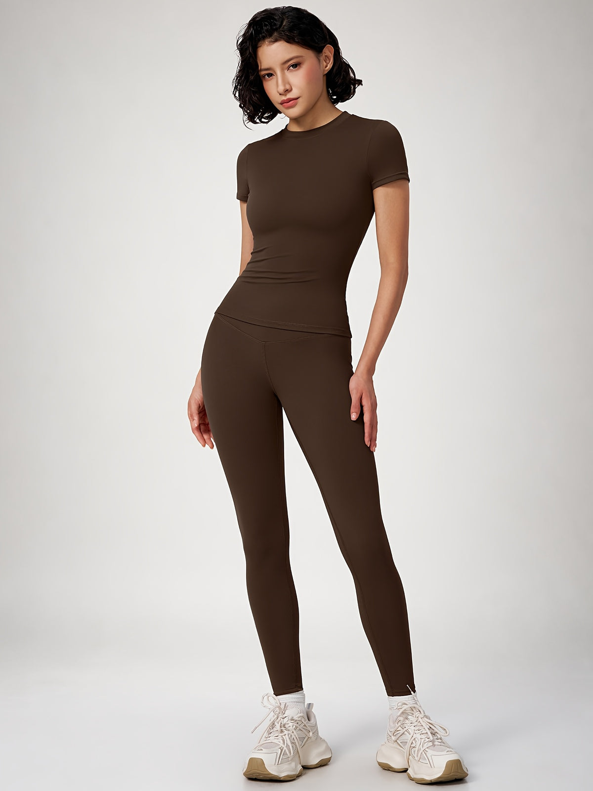 Crew Neck Crop Tee & Leggings Set - Espresso