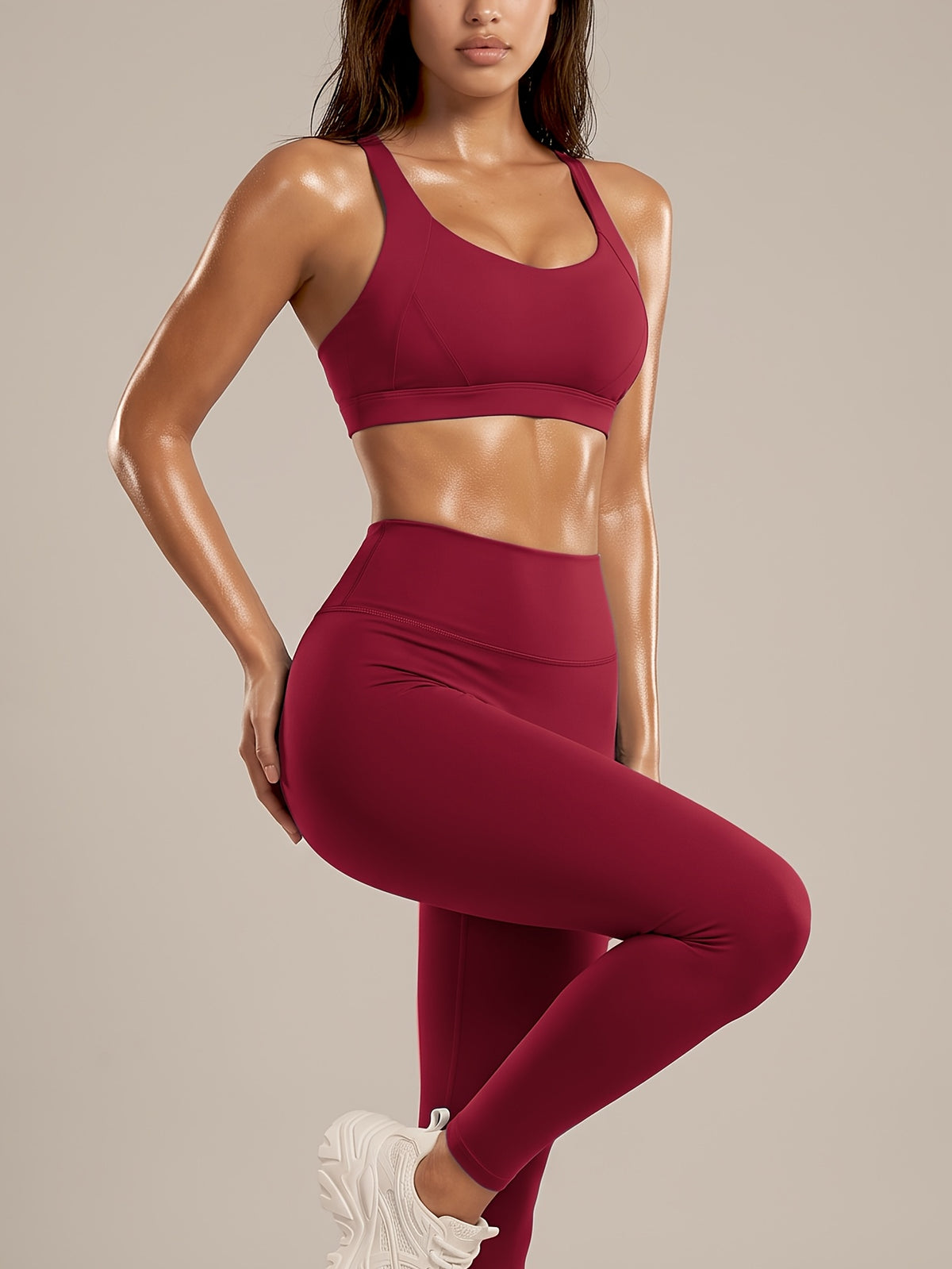 Criss Cross Bra & Pocket Leggings Set - Crimson