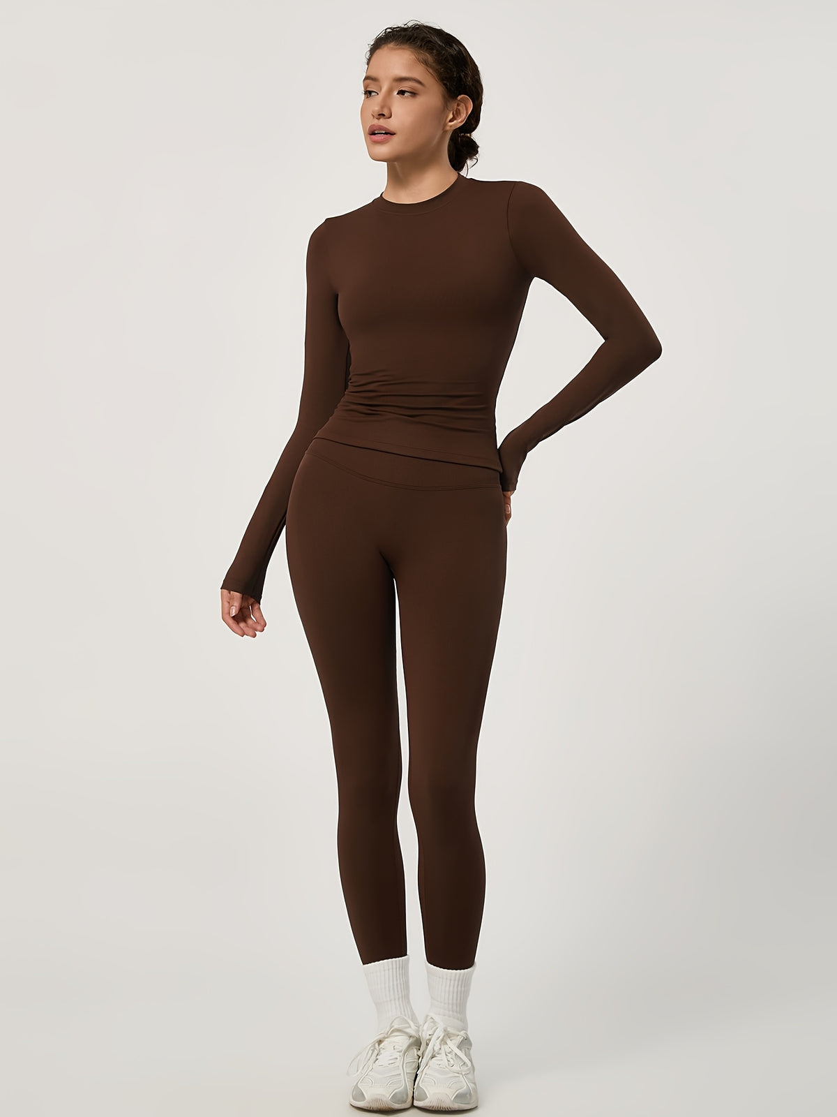 Long Sleeve Top & Seamless Leggings Set - Mocha Brown