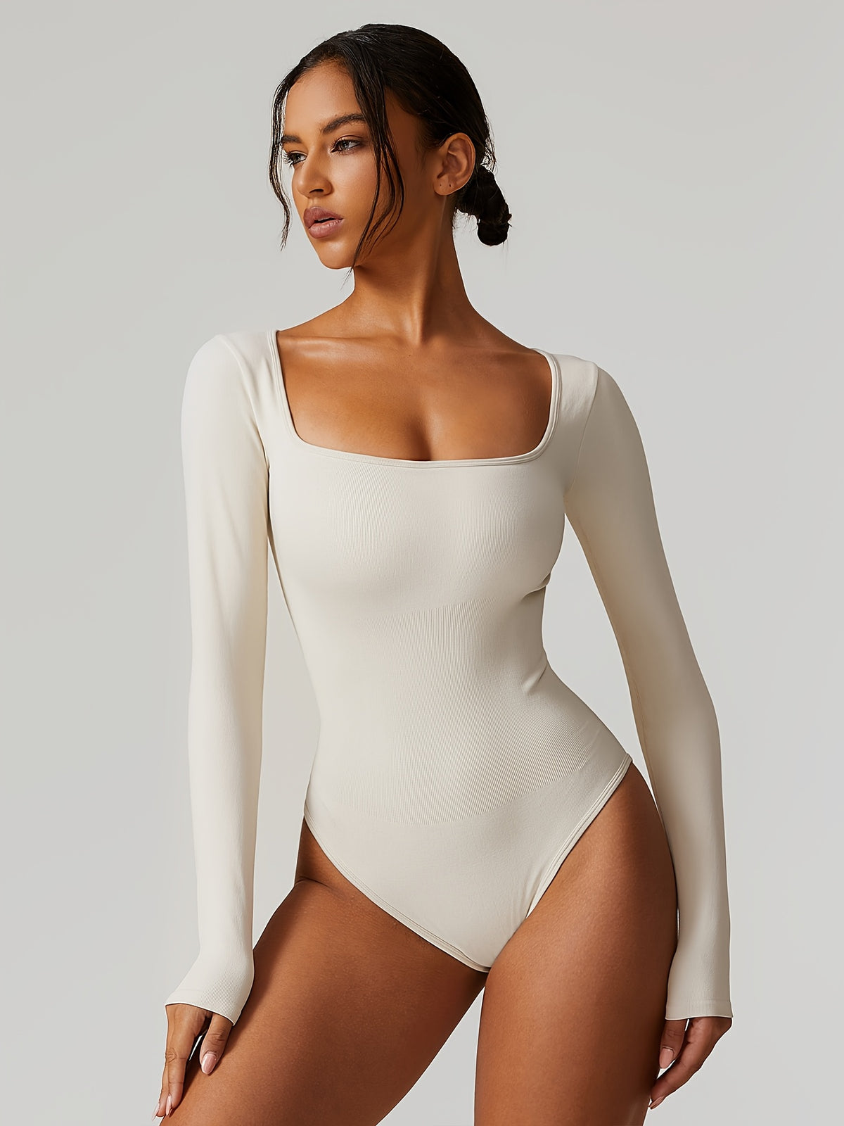 Square Neck Long Sleeve Thong Bodysuit - Beige