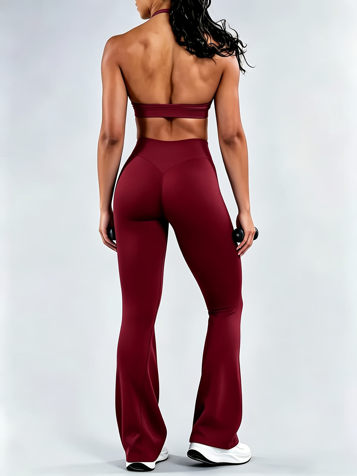 Seamless Halter Bra & Flare Pants Set - Burgundy