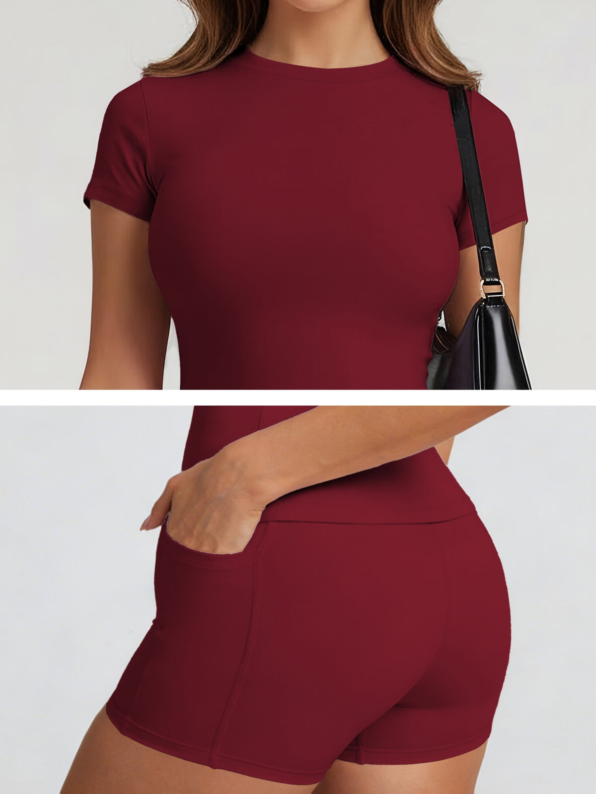 Tummy Control Top & Pocket Shorts Set - Cherry Red