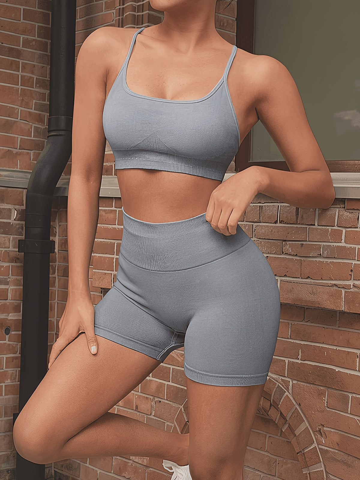 Seamless Thin Strap Bra & Shorts Set - Lead