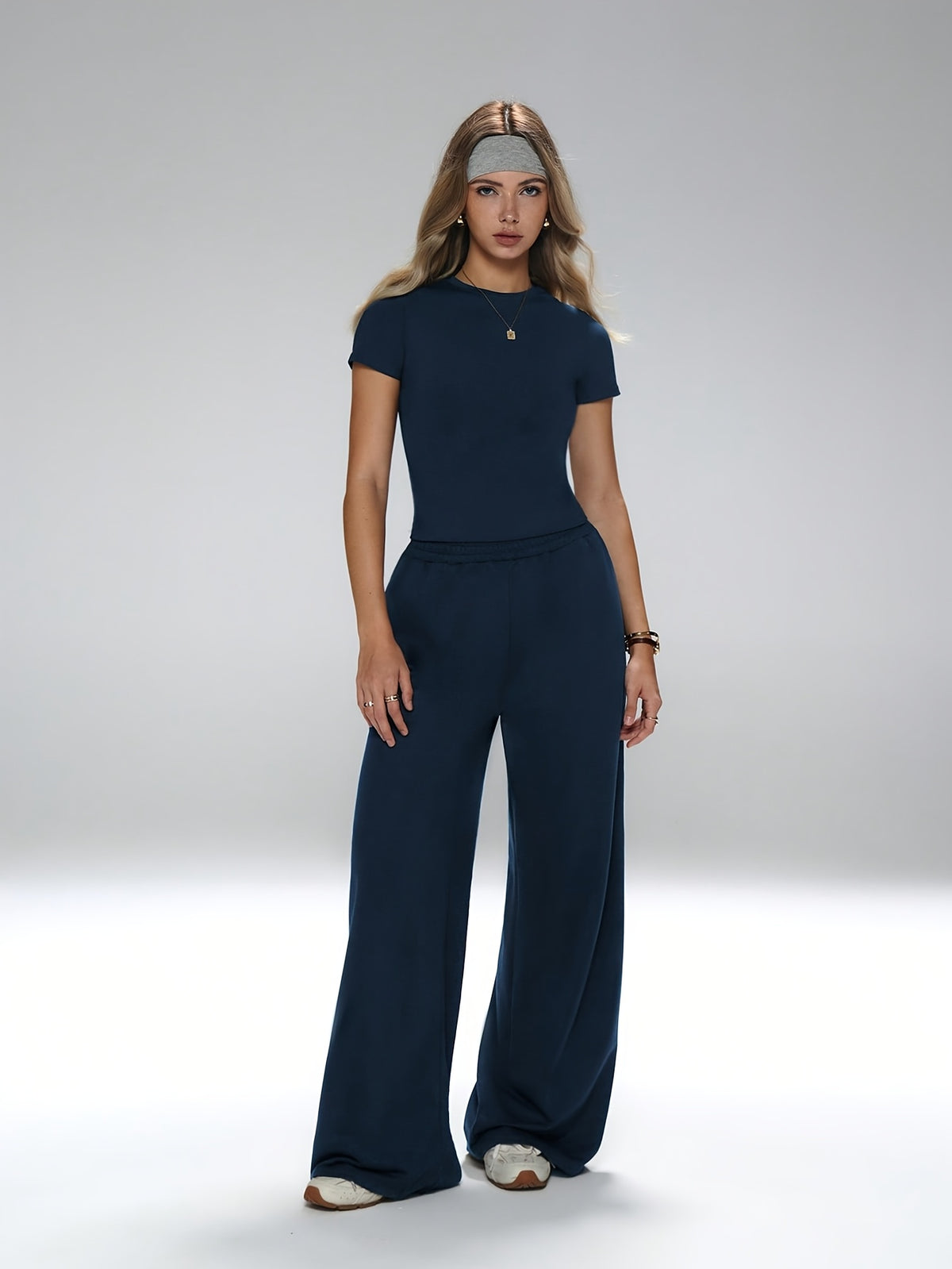 Fitted Tee & Wide Leg Pants Set - Navy