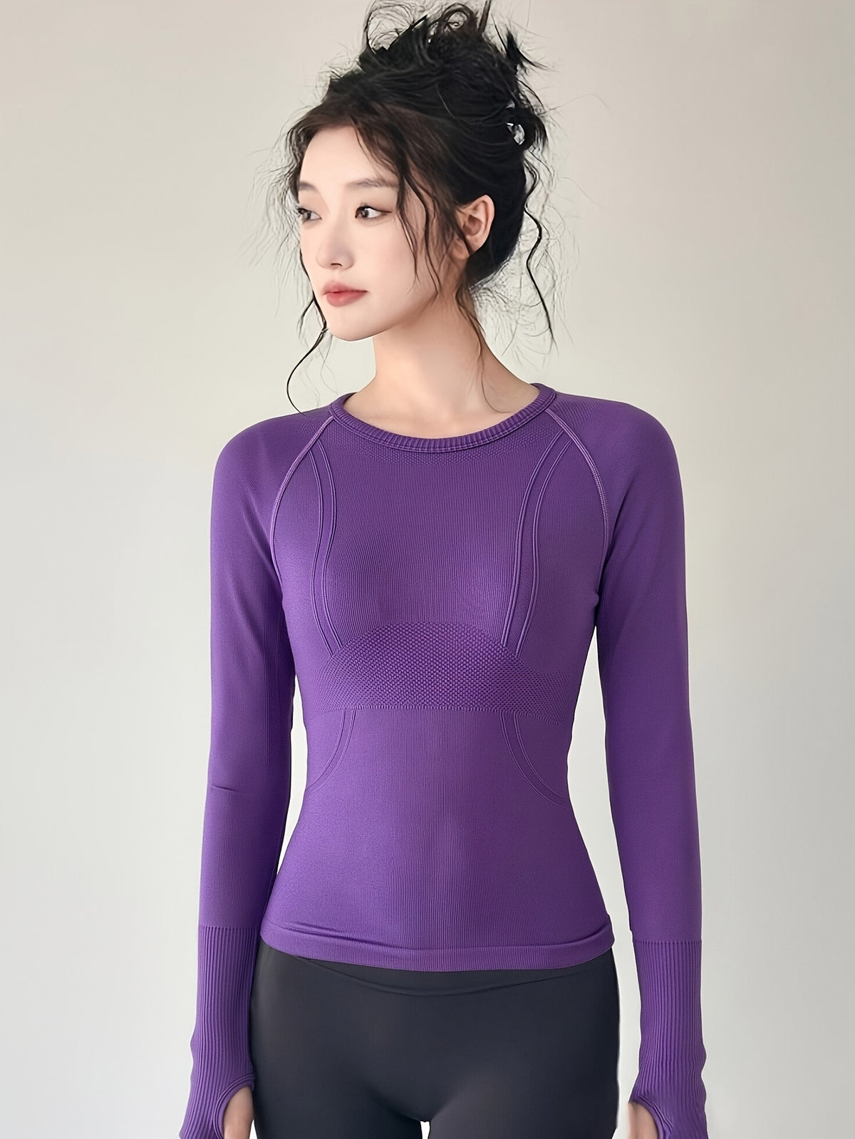 Seamless Round Neck Long Sleeve Yoga Top - Dark Violet