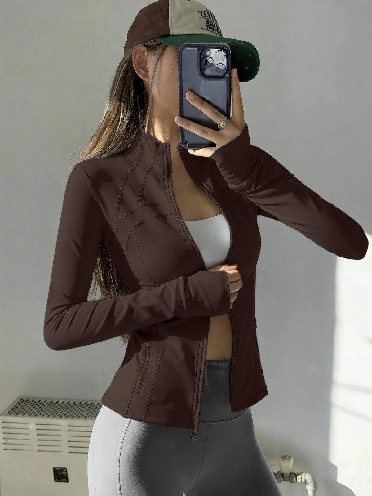 Half Zip Thumb Loop Slim Jacket - Coffee