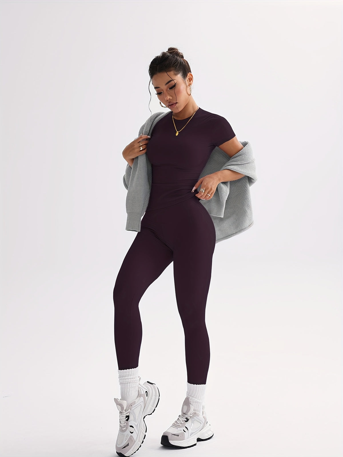 Cropped Tee & Leggings Set - Deep Purple