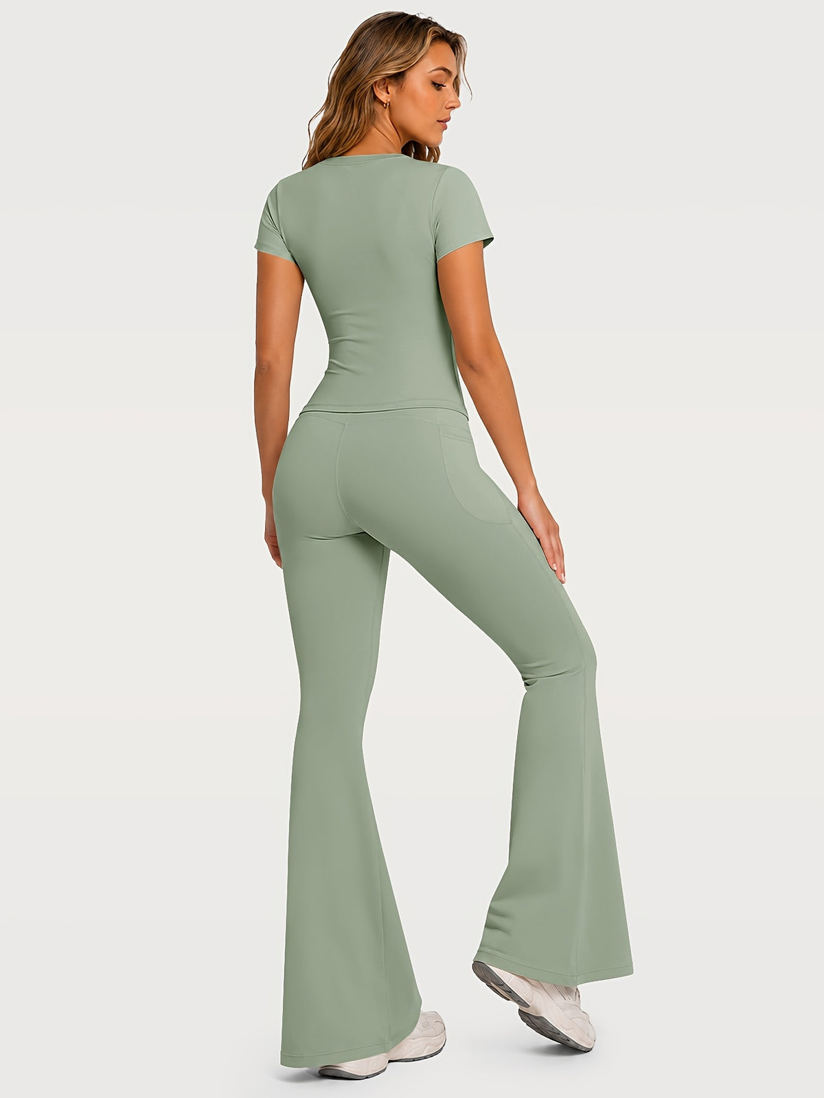 Fitted Tee & Flare Pants Set - Sage Green