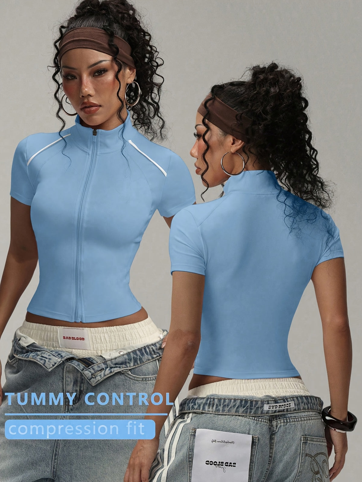 Short Sleeve Zip Top - Sky Blue