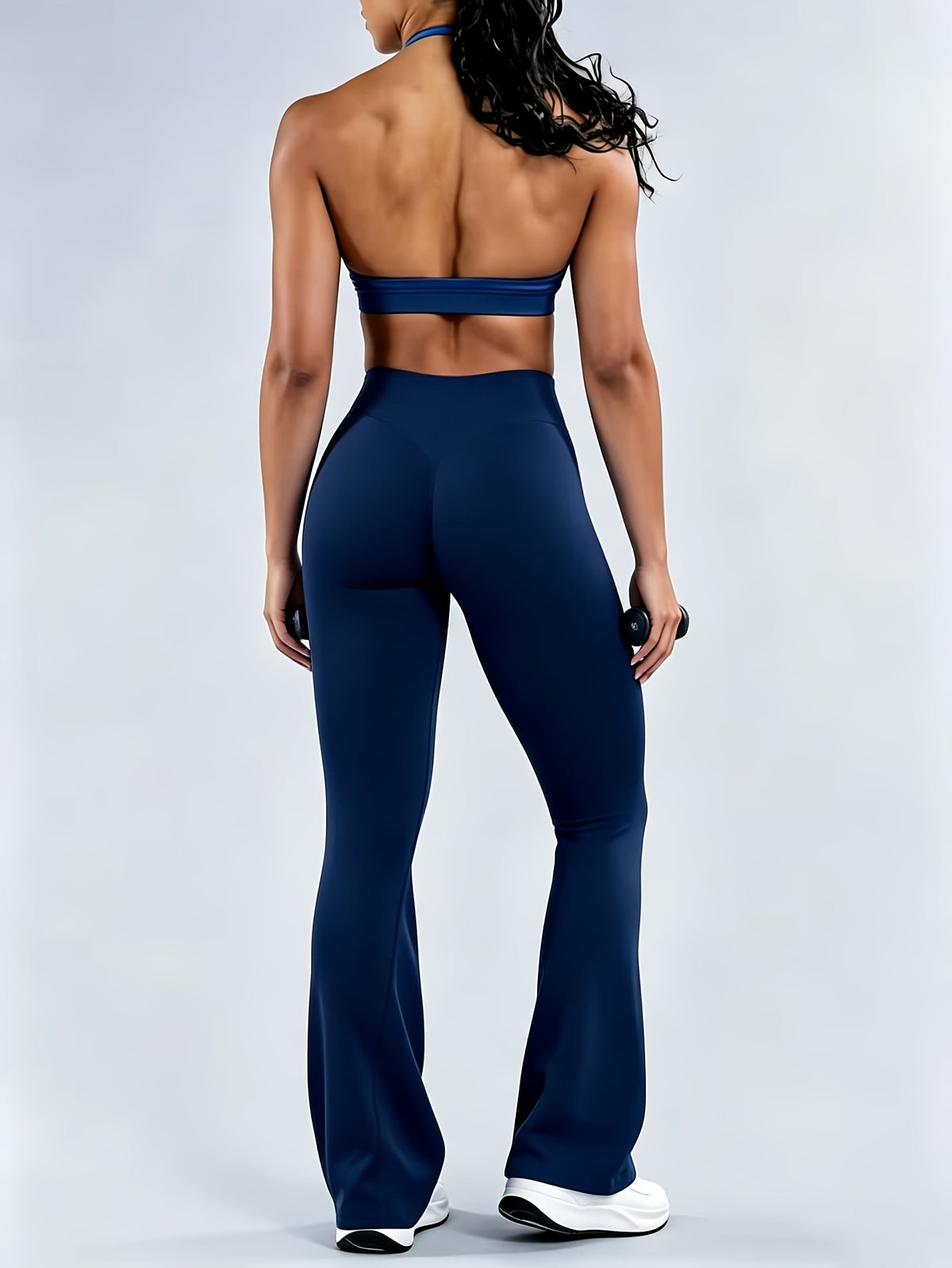 Seamless Halter Bra & Flare Pants Set - Navy