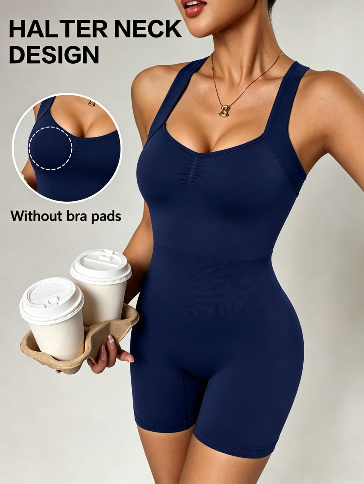 Halter Cross Back Romper - Blue